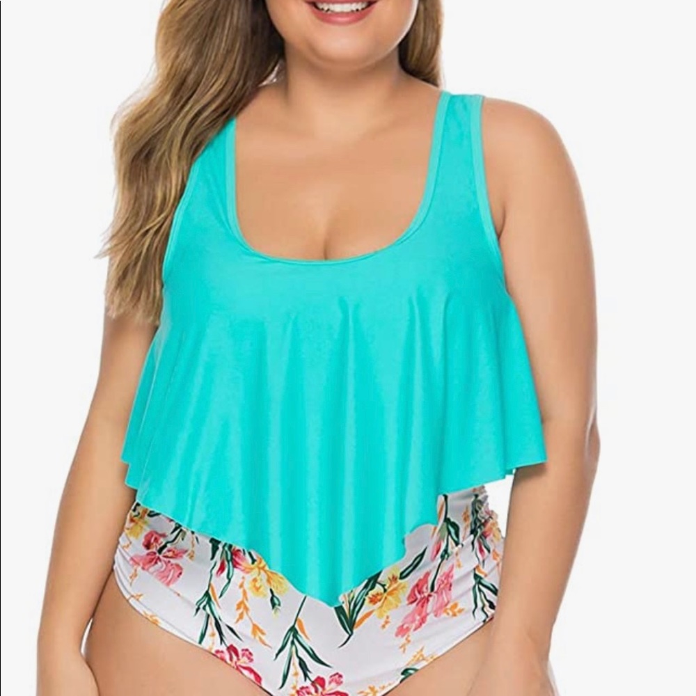 Flounce Floral Ruched Bikini Set Color: CELESTE 1X